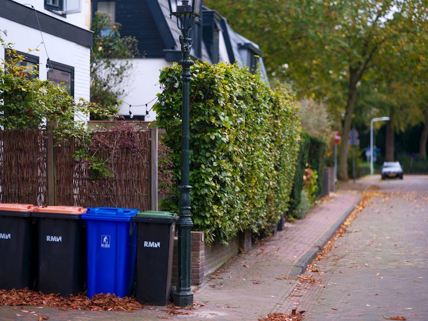 On a residential street, a row of four waste bins is positioned at the edge of a paved sidewalk adjacent to a garden enclosed by a wooden fence and dense greenery. The waste bins are made of plastic, with three in black and one in blue, each with visible lid lids and marked with the RMN logo, indicating they are for private waste collection rather than council services. Behind the bins, a traditional lamp post with a decorative black metal finish stands, partially obscured by the lush foliage of a large, leafy green shrub that extends upward, partially covering the fence. To the left, a corner of a modern white house with dark framing and a window is visible, along with string lights hanging above the garden area. The street continues into the distance, lined with trees displaying autumnal foliage, fallen leaves scattered on the ground, and a parked car further down the pavement. The overall scene is calm, with natural lighting suggesting daytime, supporting the context of independent rubbish removal and on-site waste management options for residential properties.