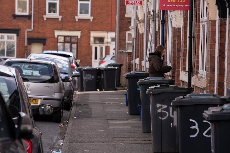 A black plastic wheeled rubbish bin positioned on the curbside of a paved street at night, with several open and partially filled cardboard boxes and loose waste piled on top. The bin is located in a residential area, with a row of trees and dense shrubbery on the right side, and a street illuminated by warm streetlights in the background. The bin has a white label with the name 'St. John's' and is situated close to a paved sidewalk with a concrete curb. The scene shows a quiet urban setting, possibly indicating private waste disposal or alternative waste handling outside of regular collection times, reflecting services offered by Waste Removal Colliers Wood in the context of rubbish and waste management. The overall atmosphere is dimly lit, with shadows cast on the ground and a subtle glow from the streetlights, emphasizing the bin’s role in waste collection at night.